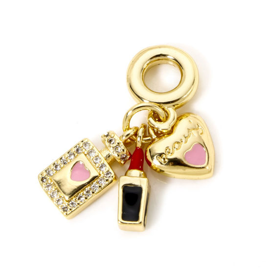 Picture of 1 Piece Brass Travel Dangle Charm Beads For Bracelet Necklace Jewelry Making 18K Real Gold Plated Lipstick Heart Enamel Clear Rhinestone 3cm