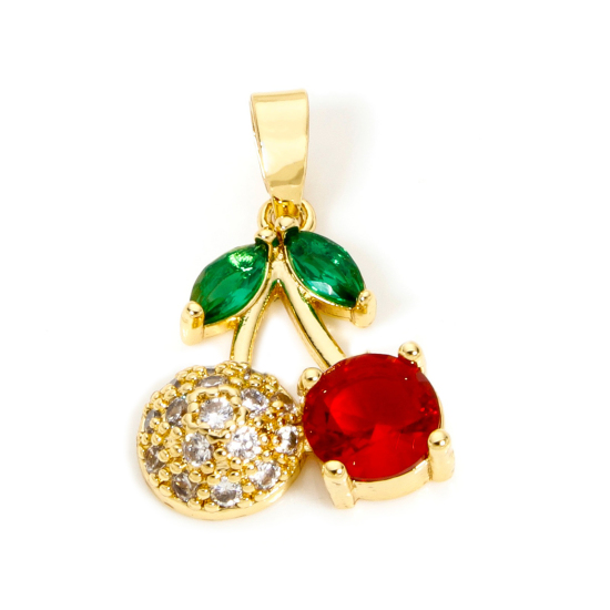 Immagine di 2 Pz Ottone Ciondoli 18K Vero Oro Placcato Ciliegia Micro Spianare Rosso Strass Trasparente Cubic Zirconiae 21mm x 14mm