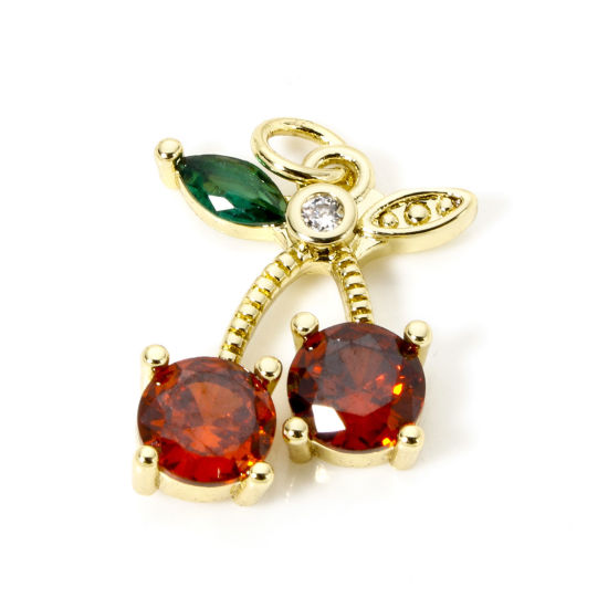 Immagine di 2 Pz Ottone Ciondoli 18K Vero Oro Placcato Ciliegia Micro Spianare Rosso Strass Trasparente Cubic Zirconiae 22mm x 15mm