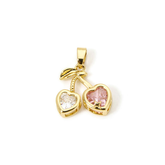 Immagine di 2 Pz Ottone Ciondoli Pendenti 18K Vero Oro Placcato Ciliegia Trasparente & Rosa Chiaro Strass 20mm x 15mm