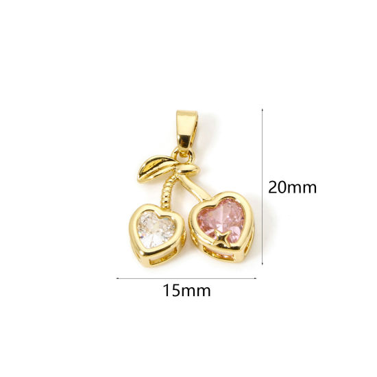 Immagine di 2 Pz Ottone Ciondoli Pendenti 18K Vero Oro Placcato Ciliegia Trasparente & Rosa Chiaro Strass 20mm x 15mm