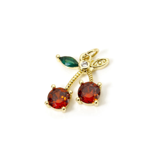 Immagine di 2 Pz Ottone Ciondoli 18K Vero Oro Placcato Ciliegia Rosso & Verde Strass 21mm x 15mm