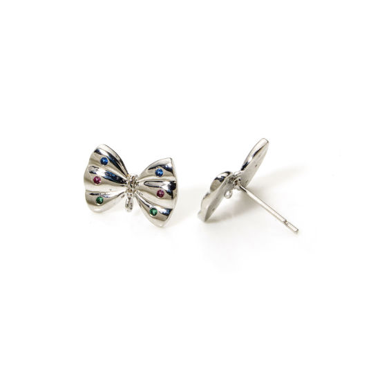 Picture of 2 PCs Eco-friendly Brass Ear Post Stud Earrings Real Platinum Plated Bowknot Multicolour Cubic Zirconia With Loop 15mm x 10mm, Post/ Wire Size: 0.8mm(20 gauge)