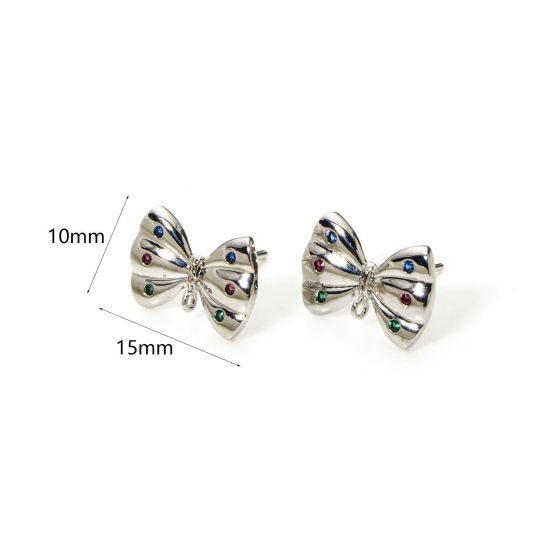 Picture of 2 PCs Eco-friendly Brass Ear Post Stud Earrings Real Platinum Plated Bowknot Multicolour Cubic Zirconia With Loop 15mm x 10mm, Post/ Wire Size: 0.8mm(20 gauge)