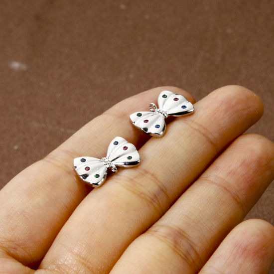 Picture of 2 PCs Eco-friendly Brass Ear Post Stud Earrings Real Platinum Plated Bowknot Multicolour Cubic Zirconia With Loop 15mm x 10mm, Post/ Wire Size: 0.8mm(20 gauge)