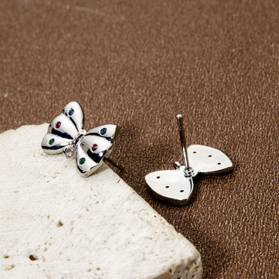 Picture of 2 PCs Eco-friendly Brass Ear Post Stud Earrings Real Platinum Plated Bowknot Multicolour Cubic Zirconia With Loop 15mm x 10mm, Post/ Wire Size: 0.8mm(20 gauge)