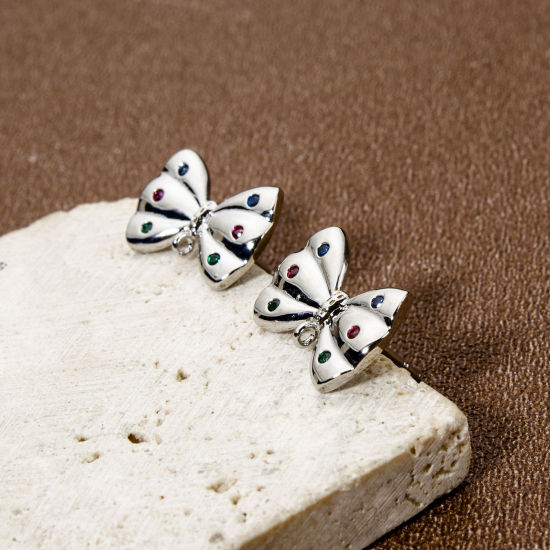 Picture of 2 PCs Eco-friendly Brass Ear Post Stud Earrings Real Platinum Plated Bowknot Multicolour Cubic Zirconia With Loop 15mm x 10mm, Post/ Wire Size: 0.8mm(20 gauge)