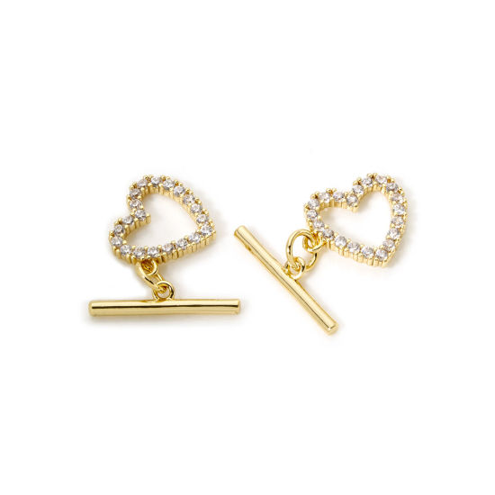 Image de 2 Kits Fermoir Toggle en Laiton Cœur Plaqué Or Véritable 18K Micro Pave à Strass Transparent 18x4mm 14x12mm