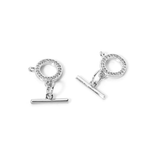 Image de 2 Kits Fermoir Toggle en Laiton Disque Rond Plaqué Platine Véritable avec Boucle à Strass Transparent 14x4mm 11x10mm