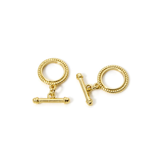 Image de 2 Kits Fermoir Toggle en Laiton Disque Rond Spiral Plaqué Or Véritable 18K 15x5mm 14x12mm