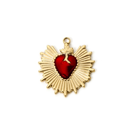 Picture of 1 Piece Eco-friendly PVD Vacuum Plating Waterproof Anti-Tarnish Hypoallergenic 304 Stainless Steel Religious Charms 14K Real Gold Plated Red Ex Voto Heart 3cm x 2.6cm