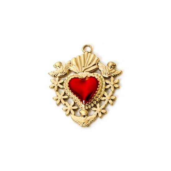 Picture of 1 Piece Eco-friendly PVD Vacuum Plating Waterproof Anti-Tarnish Hypoallergenic 304 Stainless Steel Religious Charms 14K Real Gold Plated Red Ex Voto Heart 3cm x 2.5cm