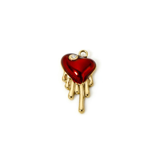 Picture of 1 Piece Eco-friendly PVD Vacuum Plating Waterproof Anti-Tarnish Hypoallergenic 304 Stainless Steel Valentine's Day Charms 14K Real Gold Plated Red Heart 17mm x 9mm