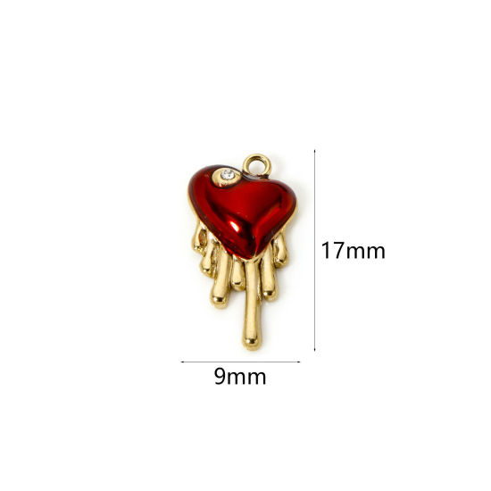 Picture of 1 Piece Eco-friendly PVD Vacuum Plating Waterproof Anti-Tarnish Hypoallergenic 304 Stainless Steel Valentine's Day Charms 14K Real Gold Plated Red Heart 17mm x 9mm