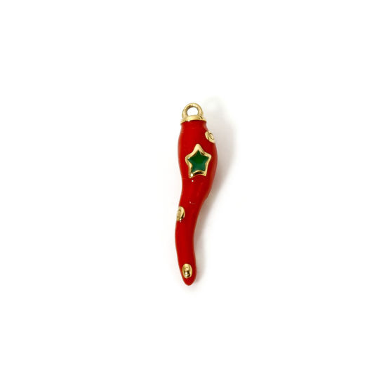 Picture of 1 Piece Eco-friendly PVD Vacuum Plating Waterproof Anti-Tarnish Hypoallergenic 304 Stainless Steel 3D Charms 14K Real Gold Plated Red & Green Cornicello Italian Horn Chili Star Enamel 26mm x 5.5mm
