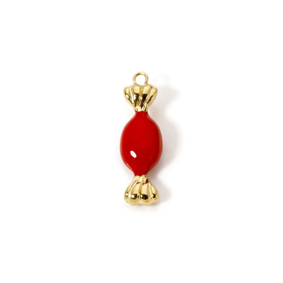 Picture of 1 Piece Eco-friendly PVD Vacuum Plating Waterproof Anti-Tarnish Hypoallergenic 304 Stainless Steel Charms 14K Real Gold Plated Red Candy 25mm x 8mm