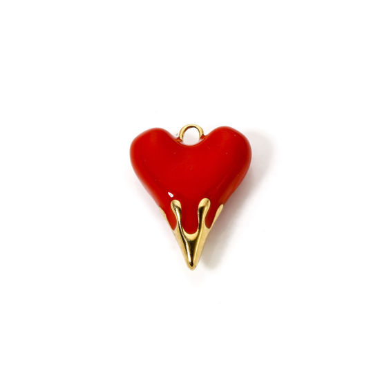 Picture of 1 Piece Eco-friendly PVD Vacuum Plating Waterproof Anti-Tarnish Hypoallergenic 304 Stainless Steel Valentine's Day Charms 14K Real Gold Plated Red Heart 24mm x 18.5mm