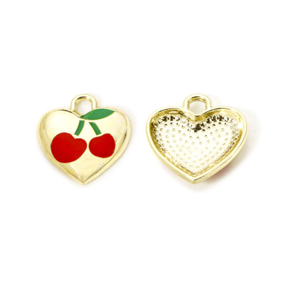Image de 2 Pcs Breloques en Laiton Cœur Plaqué Or 18K Rouge & Vert Cerises Émail 16mm x 15mm