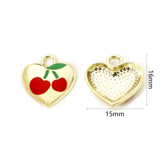 Image de 2 Pcs Breloques en Laiton Cœur Plaqué Or 18K Rouge & Vert Cerises Émail 16mm x 15mm