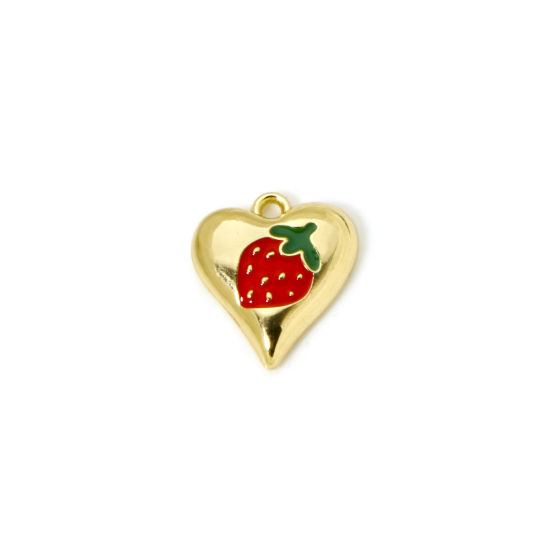 Image de 2 Pcs Breloques en Laiton Cœur Plaqué Or 18K Rouge & Vert Fraises Émail 15mm x 13mm