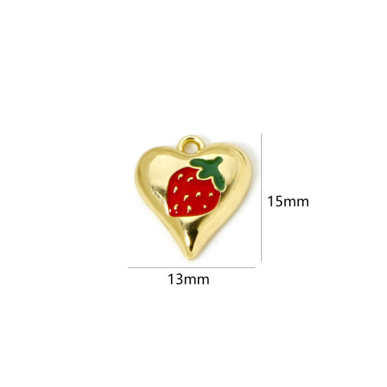 Image de 2 Pcs Breloques en Laiton Cœur Plaqué Or 18K Rouge & Vert Fraises Émail 15mm x 13mm