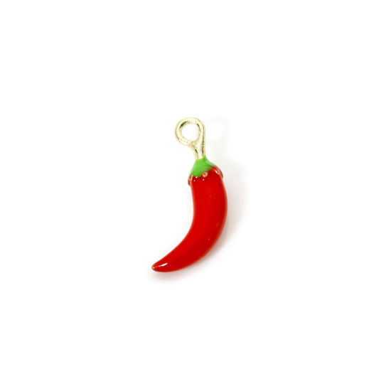 Image de 2 Pcs Breloques en Laiton Plaqué Or 18K Rouge & Vert Piment Émail 17.5mm x 7mm