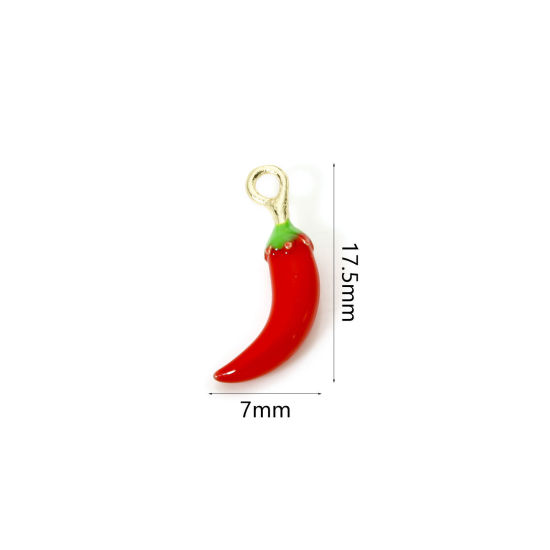 Image de 2 Pcs Breloques en Laiton Plaqué Or 18K Rouge & Vert Piment Émail 17.5mm x 7mm