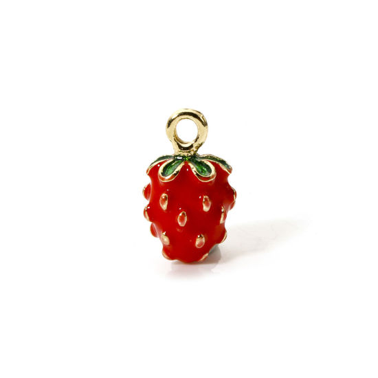 Image de 2 Pcs Breloques en Laiton Fraises Plaqué Or 18K Rouge & Vert Fruits Émail 16mm x 10mm