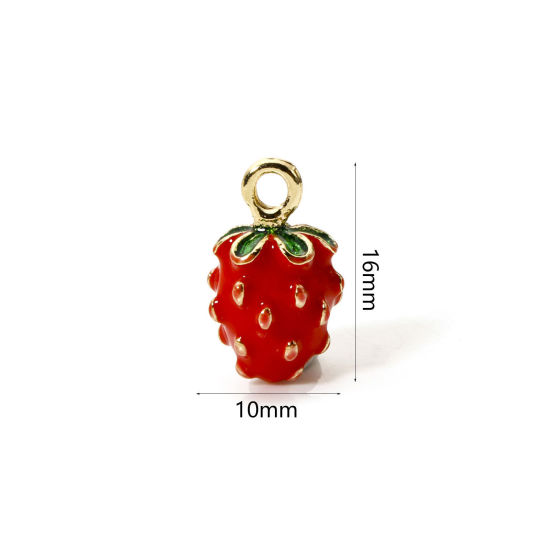 Image de 2 Pcs Breloques en Laiton Fraises Plaqué Or 18K Rouge & Vert Fruits Émail 16mm x 10mm