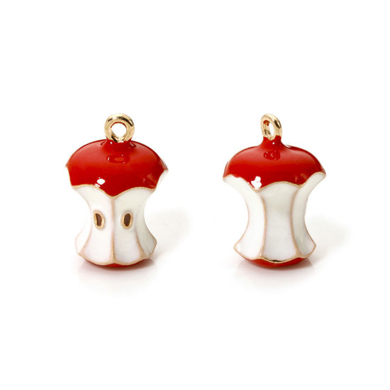 Image de 2 Pcs Breloques en Laiton Pomme Plaqué Or 18K Blanc & Rouge Fruits Émail 15mm x 10mm
