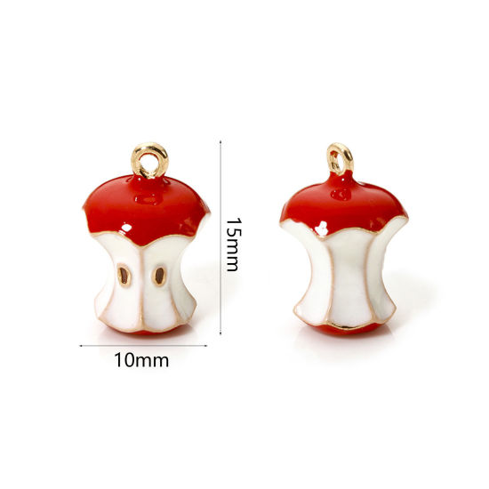 Image de 2 Pcs Breloques en Laiton Pomme Plaqué Or 18K Blanc & Rouge Fruits Émail 15mm x 10mm