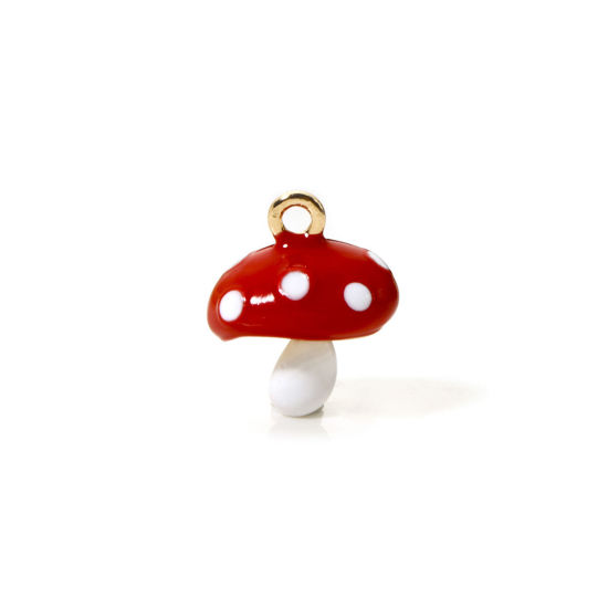 Image de 2 Pcs Breloques en Laiton Champignon Plaqué Or 18K Blanc & Rouge Émail 15mm x 13mm