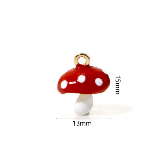 Image de 2 Pcs Breloques en Laiton Champignon Plaqué Or 18K Blanc & Rouge Émail 15mm x 13mm