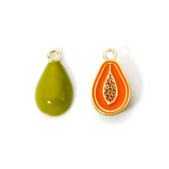 Image de 2 Pcs Breloques en Laiton Plaqué Or 18K Olivacé Fruits Émail 19mm x 11mm