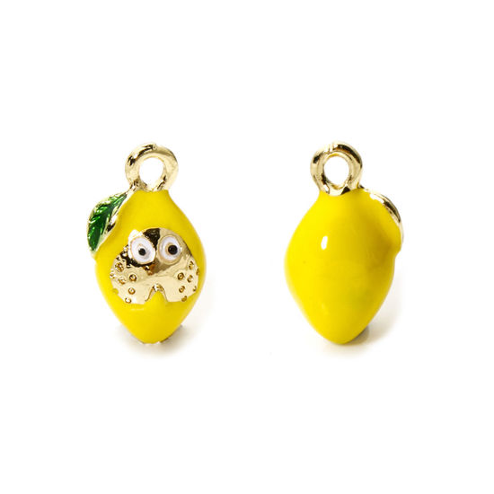 Image de 2 Pcs Breloques en Laiton Citron Plaqué Or 18K Jaune Fruits Émail 16.5mm x 9mm