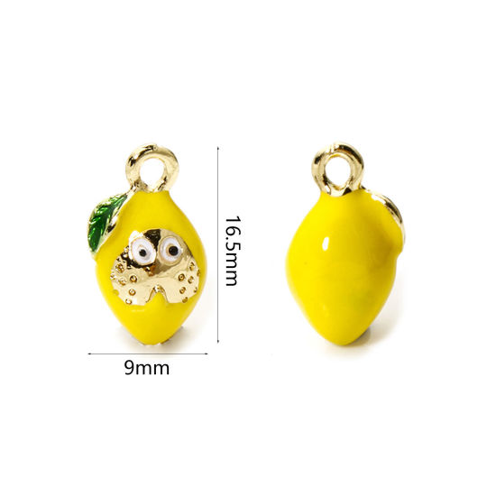 Image de 2 Pcs Breloques en Laiton Citron Plaqué Or 18K Jaune Fruits Émail 16.5mm x 9mm