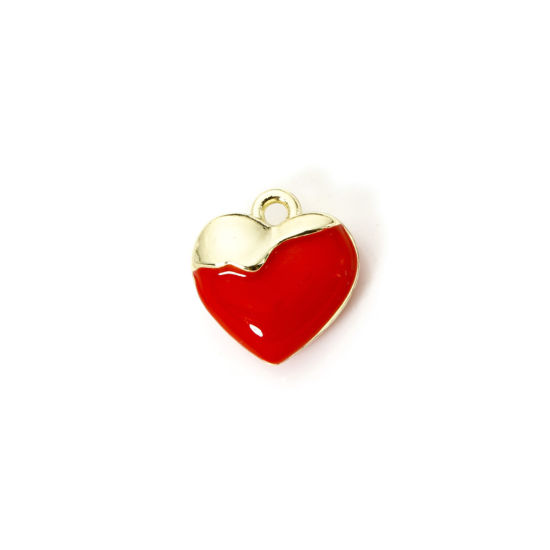 Image de 2 Pcs Breloques La Saint Valentin en Laiton Cœur Plaqué Or 18K Rouge Émail 12mm x 11.5mm