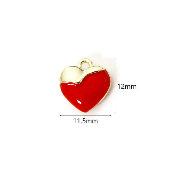 Image de 2 Pcs Breloques La Saint Valentin en Laiton Cœur Plaqué Or 18K Rouge Émail 12mm x 11.5mm