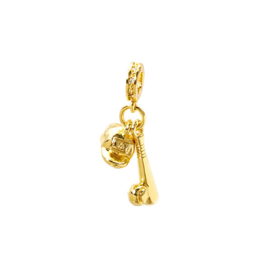 Picture of 1 Piece Eco-friendly Brass Sport Dangle Charm Beads For Bracelet Necklace Jewelry Making 18K Real Gold Plated Baseball Hat Clear Rhinestone 3.2cm