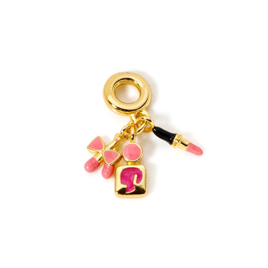 Picture of 1 Piece Eco-friendly Brass Makeup Dangle Charm Beads For Bracelet Necklace Jewelry Making 18K Real Gold Plated Red Lipstick Enamel 29mm