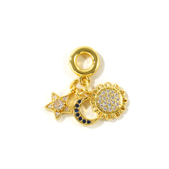 Picture of 1 Piece Eco-friendly Brass Galaxy Dangle Charm Beads For Bracelet Necklace Jewelry Making 18K Real Gold Plated Sun Moon Clear Rhinestone 29mm