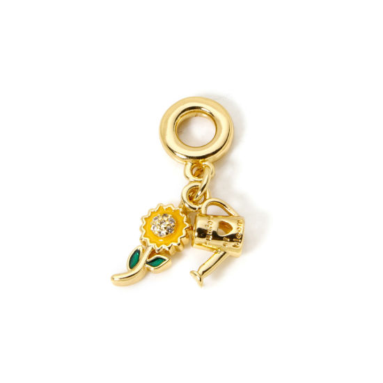 Picture of 1 Piece Eco-friendly Brass Dangle Charm Beads For Bracelet Necklace Jewelry Making 18K Real Gold Plated Multicolor Kettle Sunflower Enamel 3.1cm