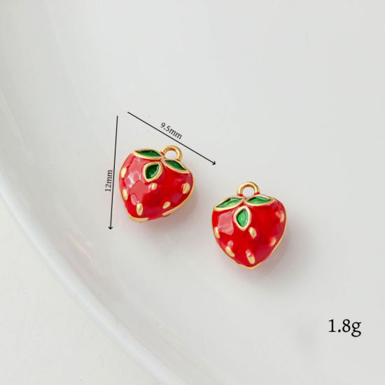 2 個 真鍮 チャーム 18Kゴールドメッキ レッド + 緑 フルーツ 苺 エナメル 12mm x 9.5mm、 の画像