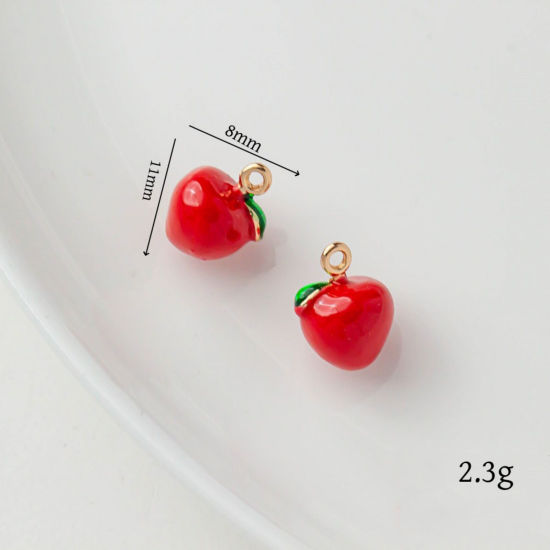2 個 真鍮 チャーム 18Kゴールドメッキ レッド + 緑 ミニトマト エナメル 11mm x 8mm、 の画像