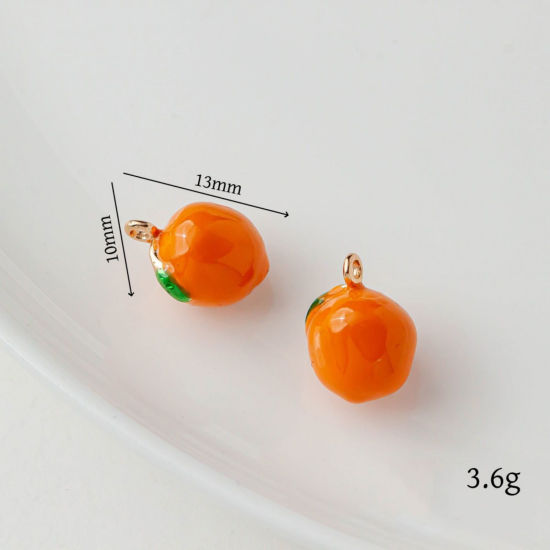 2 個 真鍮 チャーム 18Kゴールドメッキ 緑 + オレンジ色 オレンジ エナメル 13mm x 10mm、 の画像