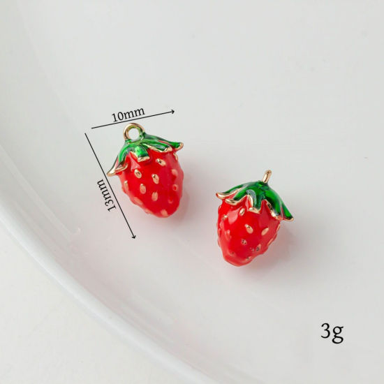 2 個 真鍮 チャーム 18Kゴールドメッキ レッド + 緑 苺 エナメル 13mm x 10mm、 の画像