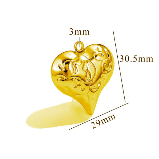 Immagine di 1 Pz Placcatura Sottovuoto PVD Ecologica 304 Acciaio Inossidabile Ciondoli Pendenti Cuore Placcato Oro 18K Struttura 3D 29mm x 30.5mm