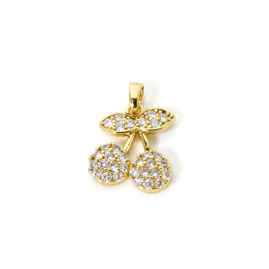 Immagine di 2 Pz Ecologico Ottone Ciondoli Pendenti 18K Vero Oro Placcato Ciliegia Micro Spianare Trasparente Cubic Zirconiae 21mm x 15mm