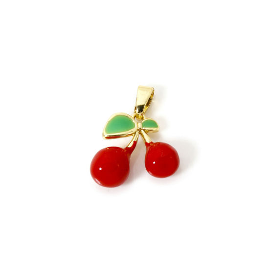 Immagine di 2 Pz Ecologico Ottone Ciondoli Pendenti 18K Vero Oro Placcato Rosa & Verde Ciliegia Smalto 19mm x 12mm