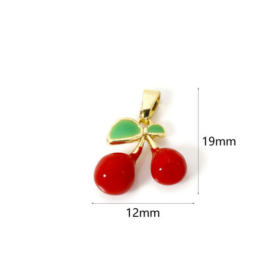 Immagine di 2 Pz Ecologico Ottone Ciondoli Pendenti 18K Vero Oro Placcato Rosa & Verde Ciliegia Smalto 19mm x 12mm